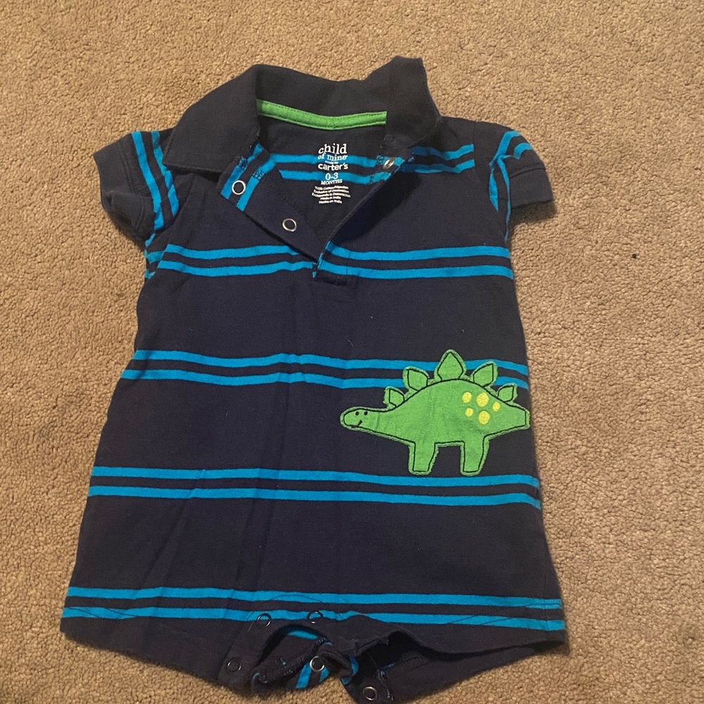 Carter's Navy and Blue Striped Romper with Green Dinosaur